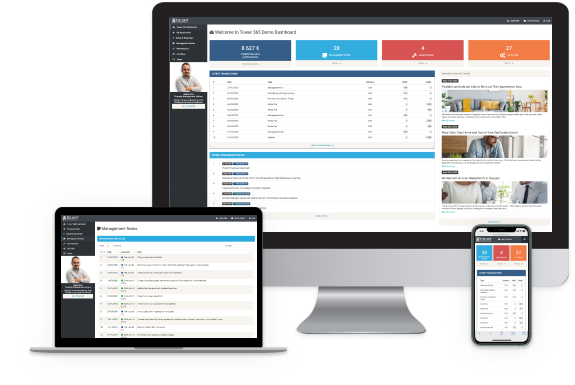 Tower 365 demo pages shown in computer laptop and mobile