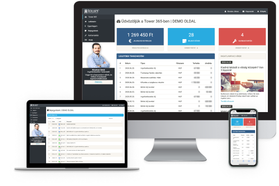 Tower 365 demó oldal bemutatása asztali gépen laptopon és mobilon